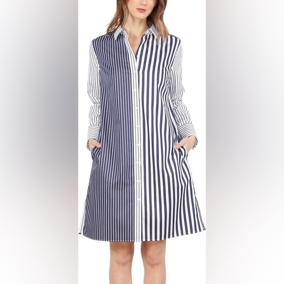 Hinson Wu Striped Shirt Dress Button Down Navy White Tailored Women’s Size 6 - Picture 1 of 15